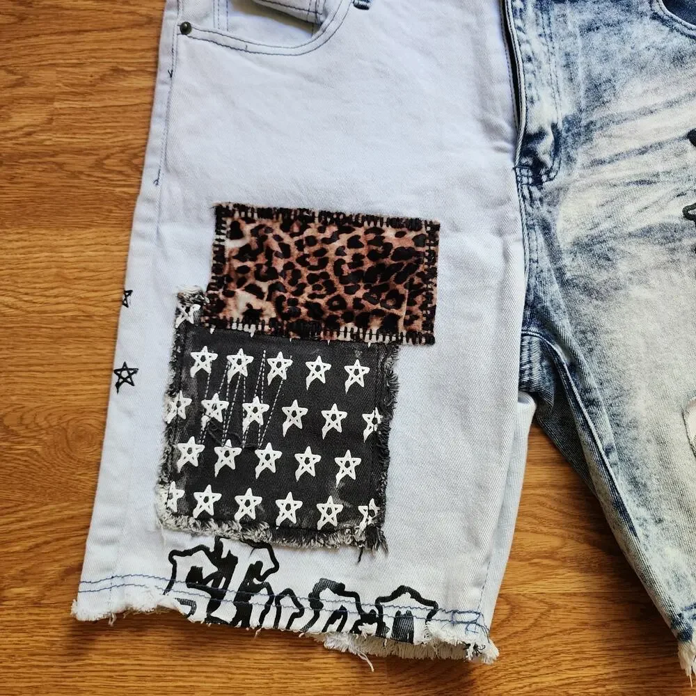 Rue 21 Supreme Flex Acid Wash Distressed Denim Patchwork Shorts Mens Size 38 New
